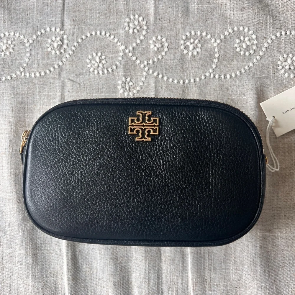 TORY BURCH• Britten Black Leather Camera Bag with Gold Logo